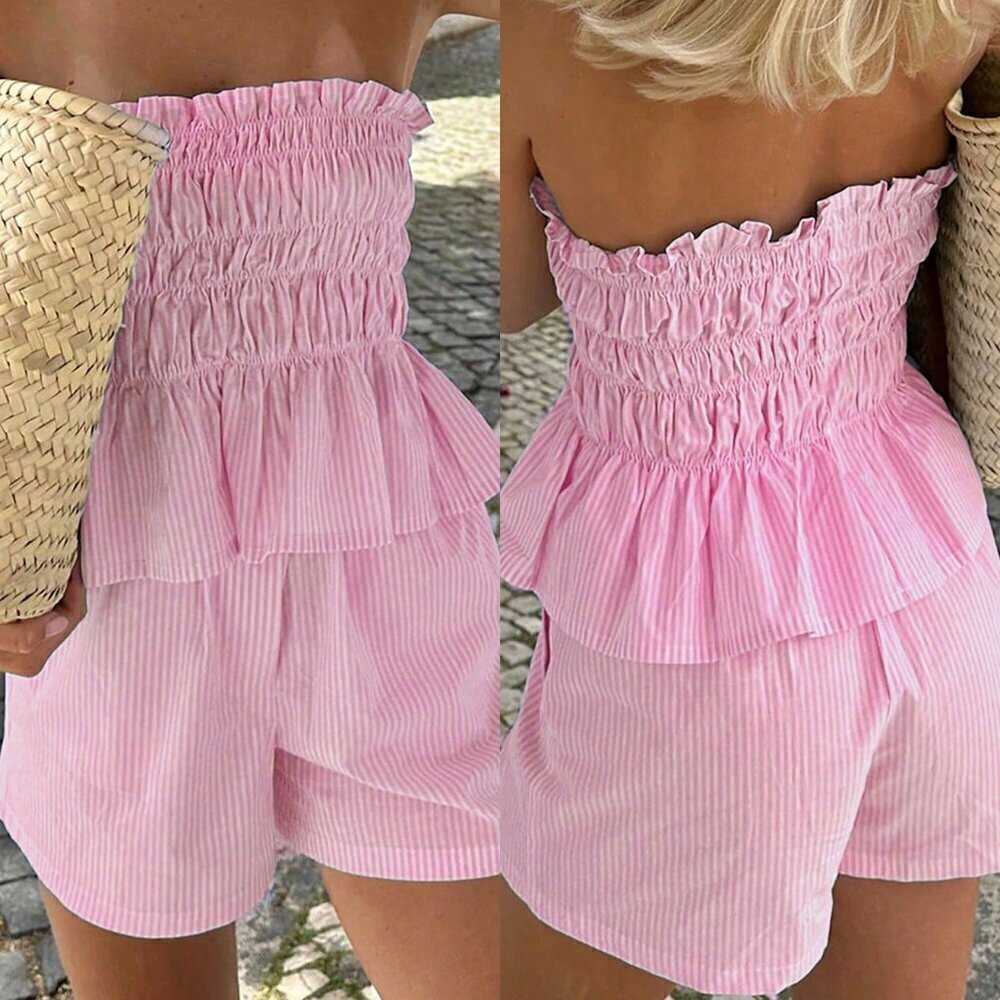 Pink Boho Womens Tropical Beach strapless Striped Bandeau Top And Shorts Set